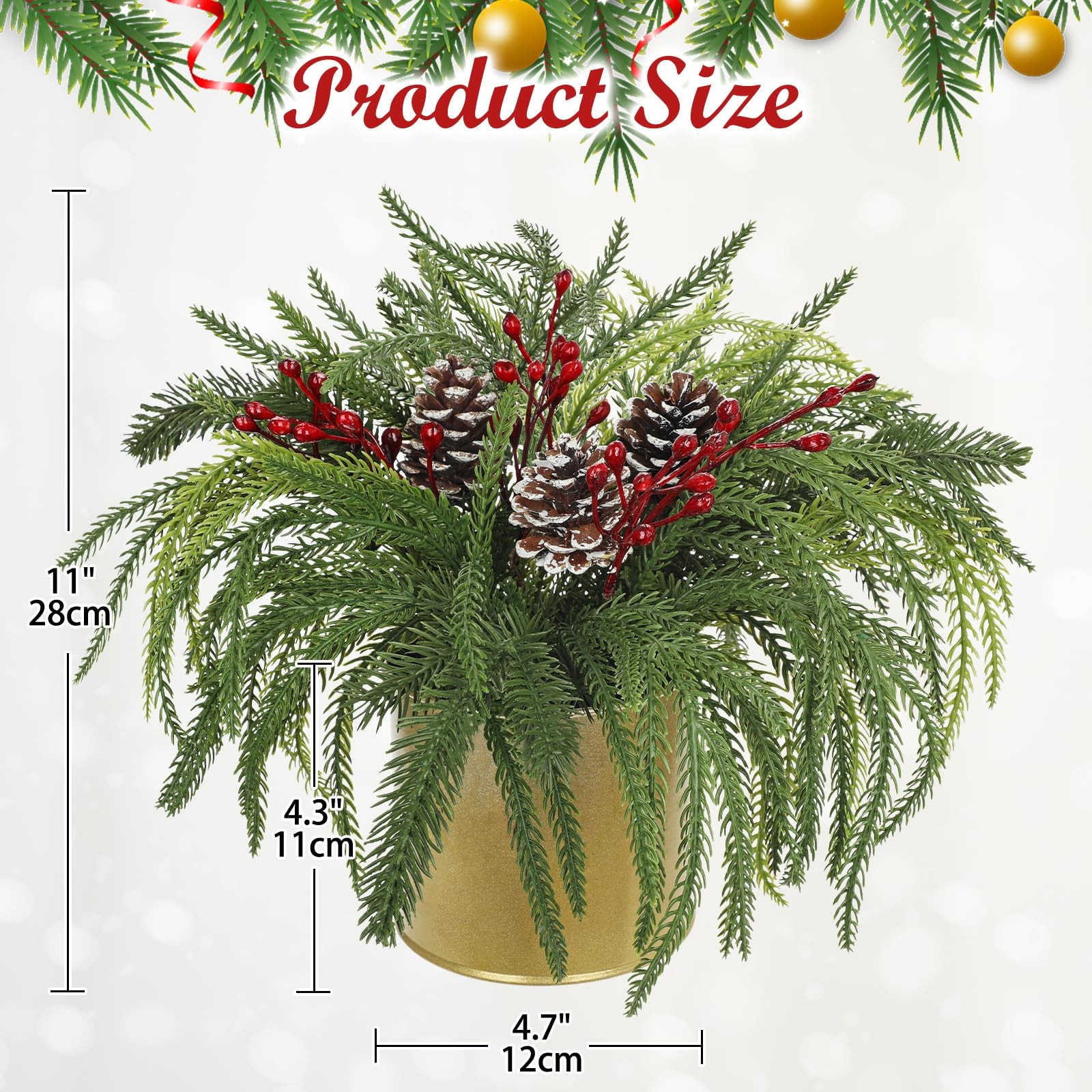 11 Inch Frosted Christmas Cedar Plant Gold Pot Pinecones Red Berries