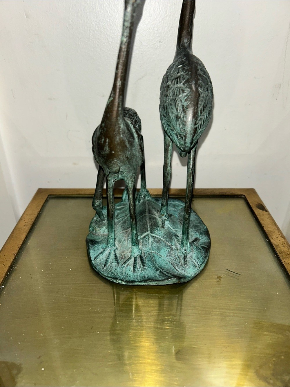 Vintage Brass Crane Sculpture Set MCM Heron Bird Figurine Decor Patina Metal