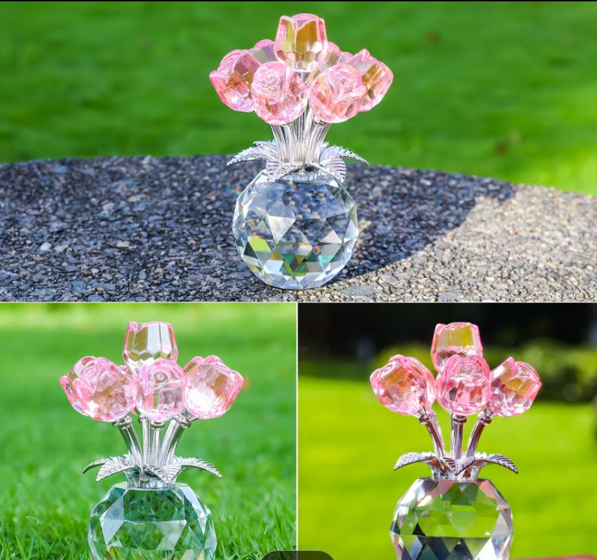 Pink Crystal Gemstone Rose Flower Colorful Rose Bouquet Eternal Ornament Gift