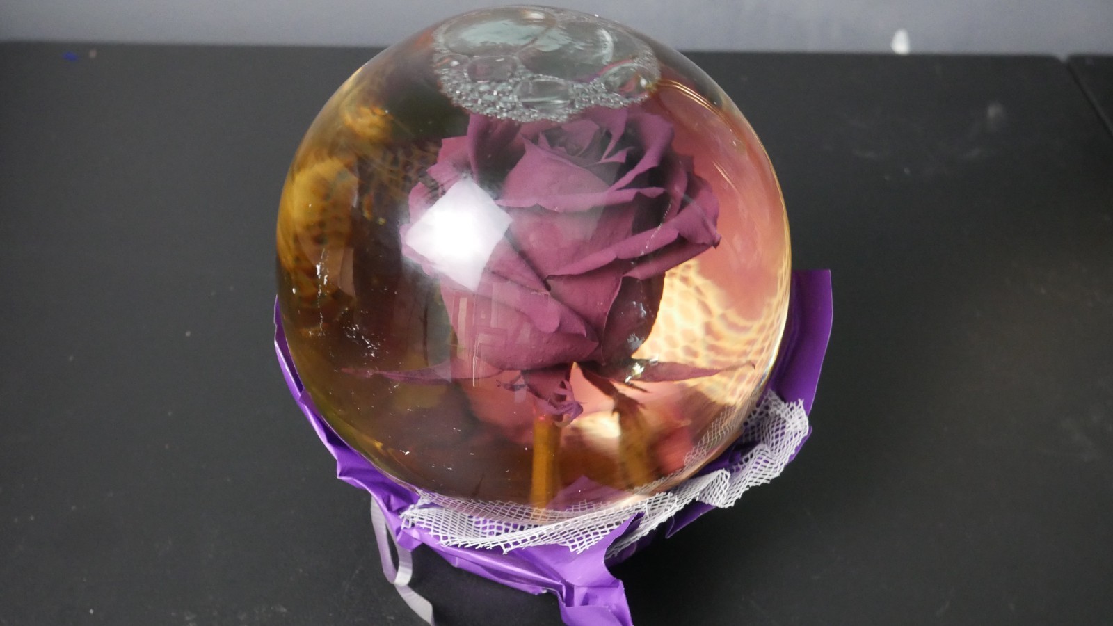 VIntage Preserved Lilac Real Rose in a glass Water Ball Dome Globe- Large 7”