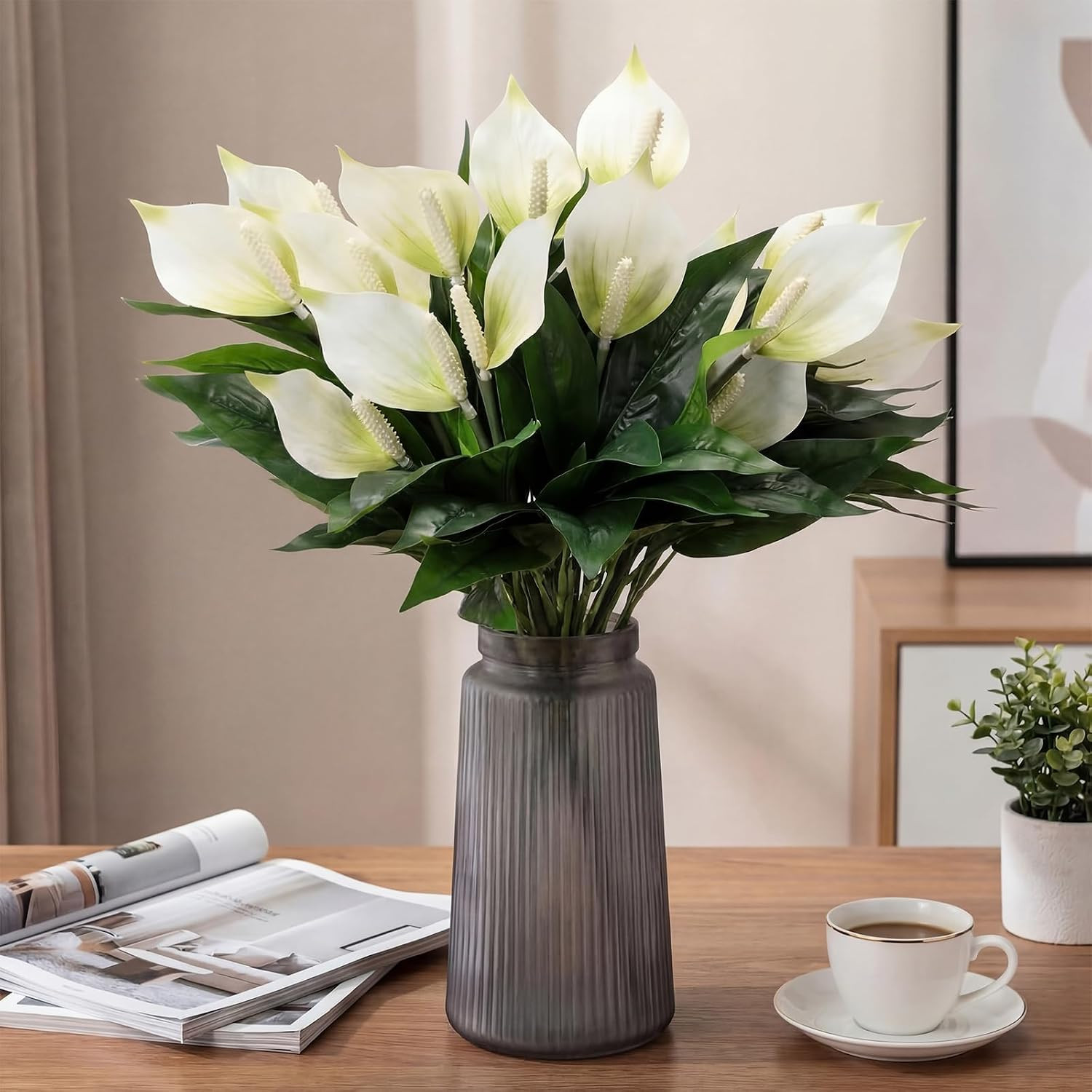 6 Pcs Faux Peace Lily Plants with Realistic Leaves for Home Decor & Centerpieces