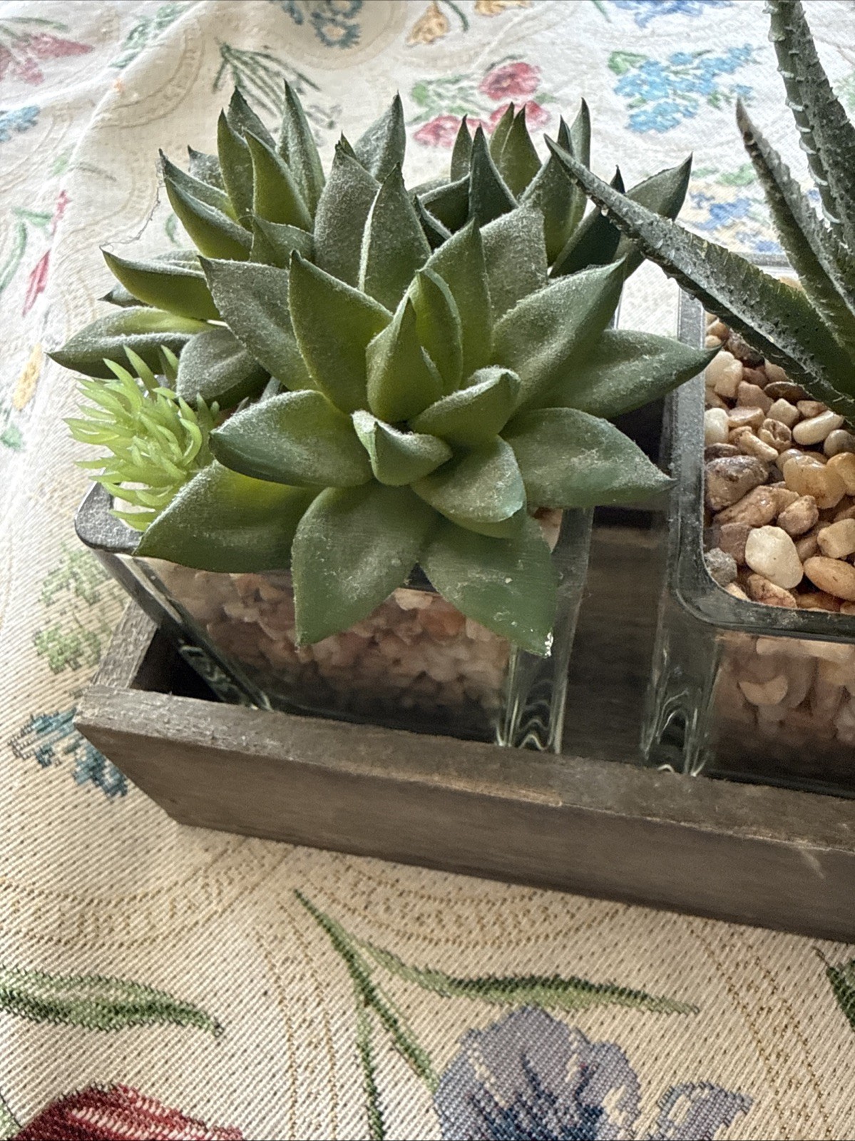 Artificial Succulents In Three Glass Containers Glued In Wooden Box