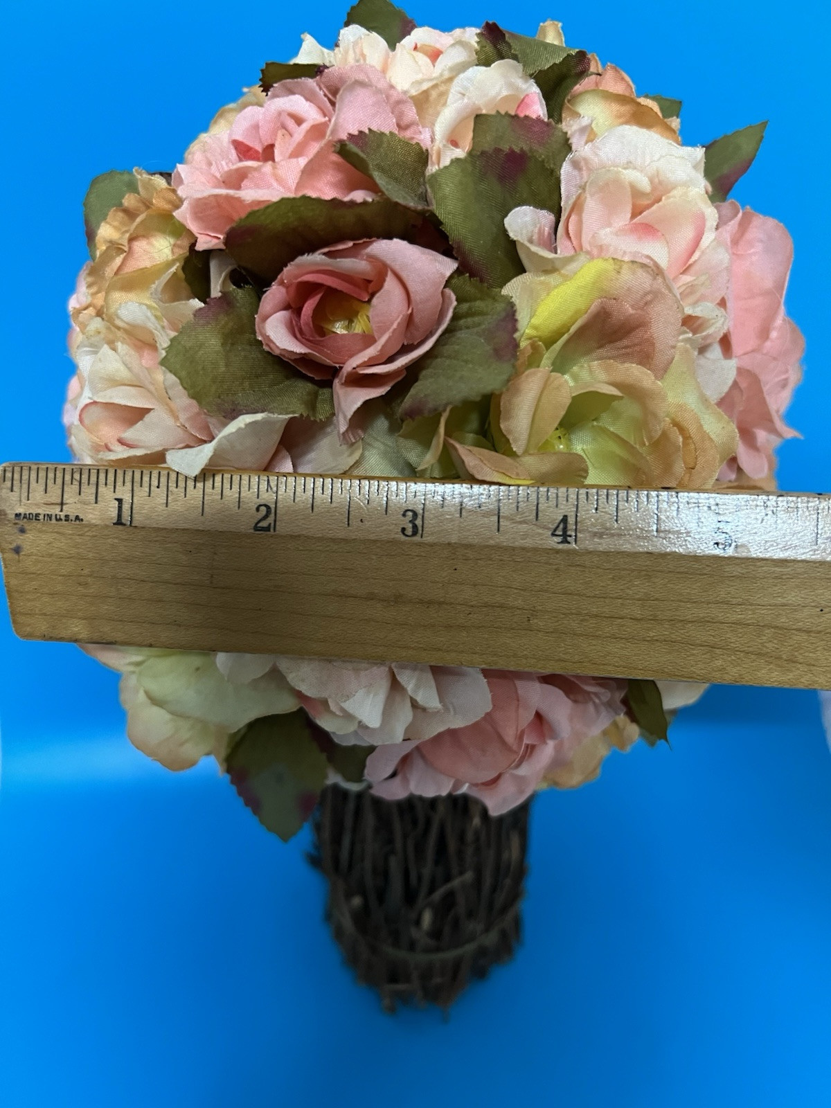 Vintage Flower & Straw Twig Standing Artificial Bouquet Of Roses Home Decor