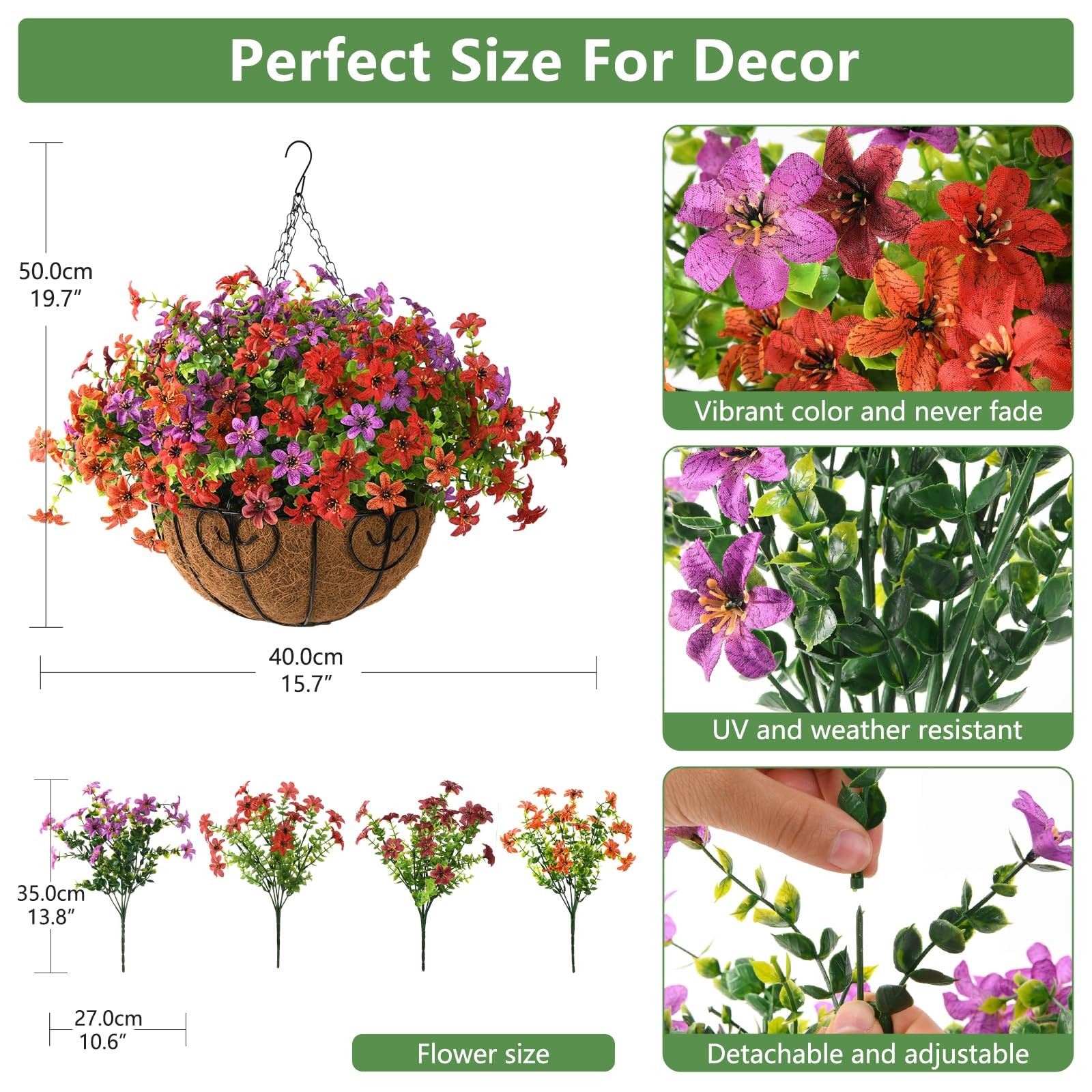INQCMY Artificial Flowers Fake Plants with Hanging Basket for Outdoors 12 Pcs