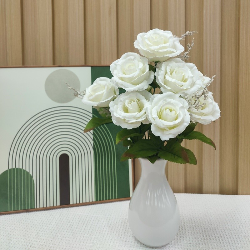 Artificial Rose Bush 17.5 Inch White Faux Flower Arrangement Home Decor Indoor