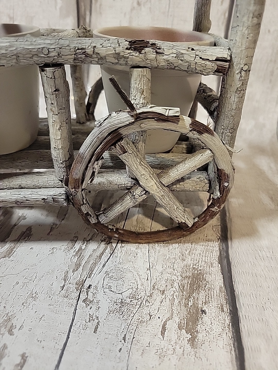 12″ Wood Twig Built Wheel Barrel Planter Flower Pot Decor Farmhouse Rustic