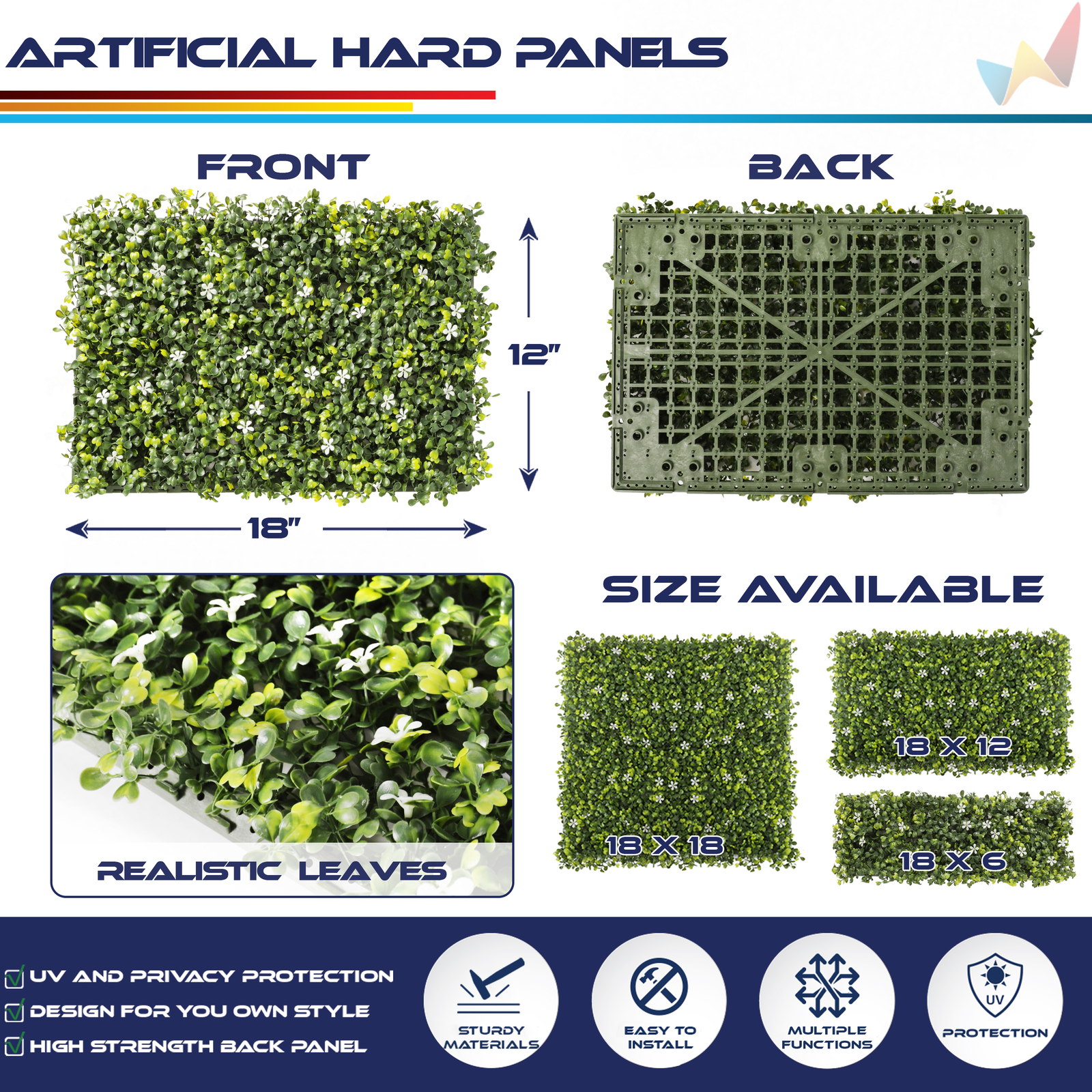 18×12″ Artificial White Flowers Mat Wall Hedge w/ Hard Back Outdoor Grass Panel