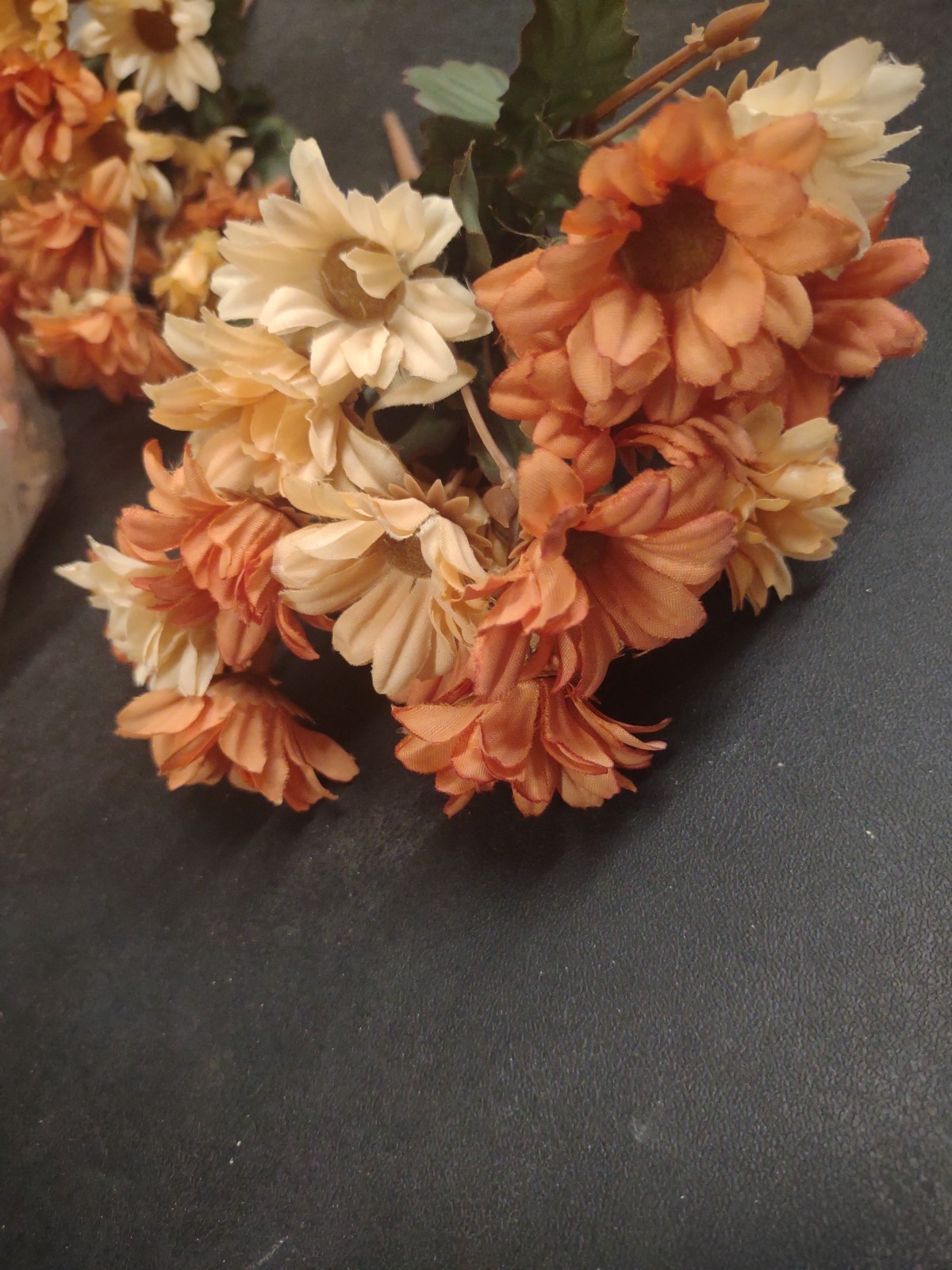 10″ Vintage Silk Mini Daisy Bush, 9 Stems, Caramel, Cream, & Peach Fall Daisies