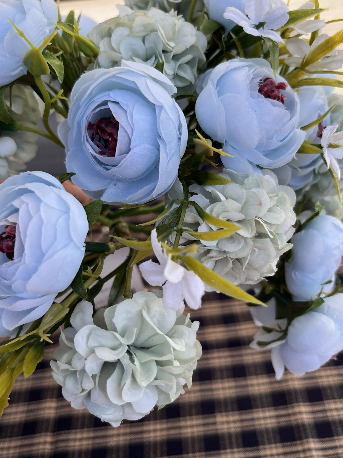 Lot of 2 Faux Floral Bouquet Bundles Blue Pink Peony Ranunculus Cottagecore