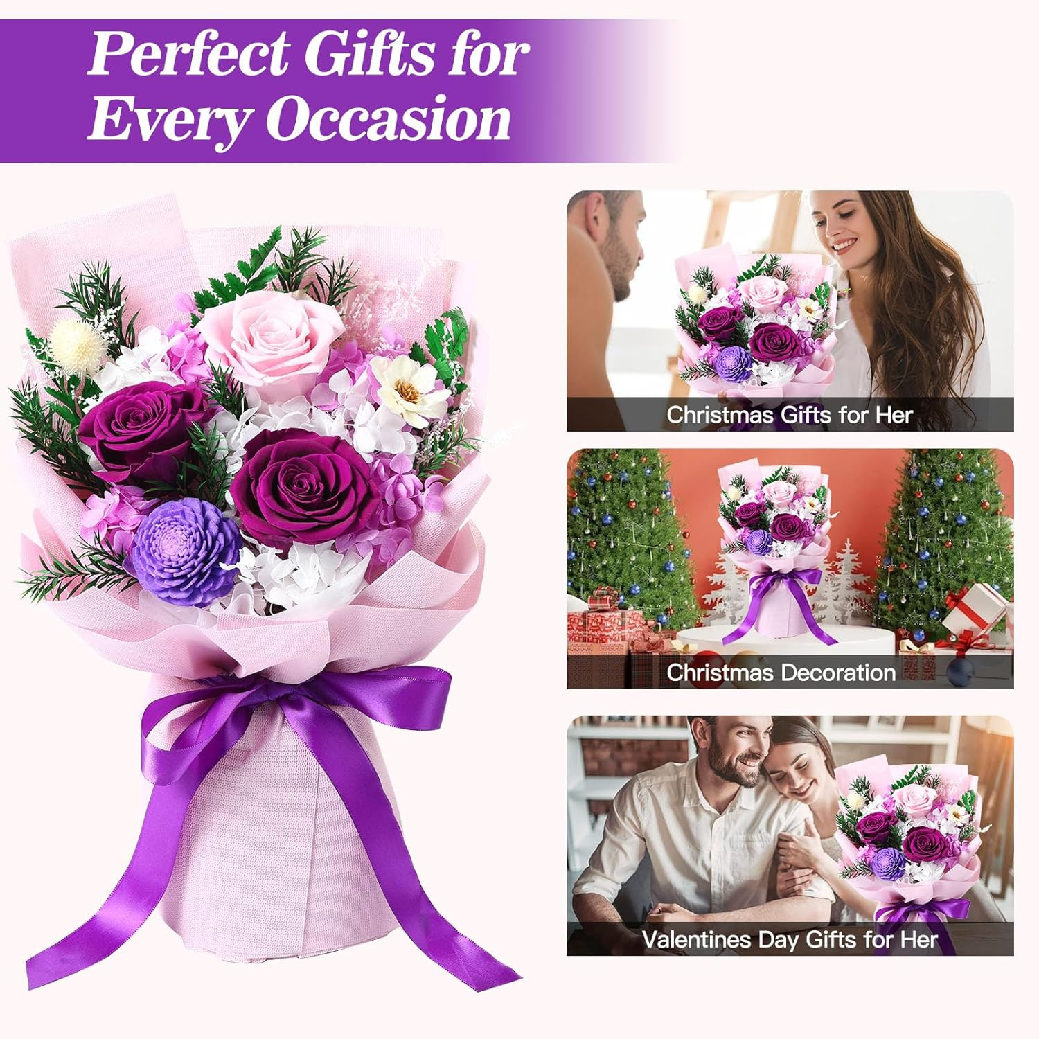 Flowers Gifts for Women, Flower for Delivery, Preserved Purple Roses Bouquets, A
