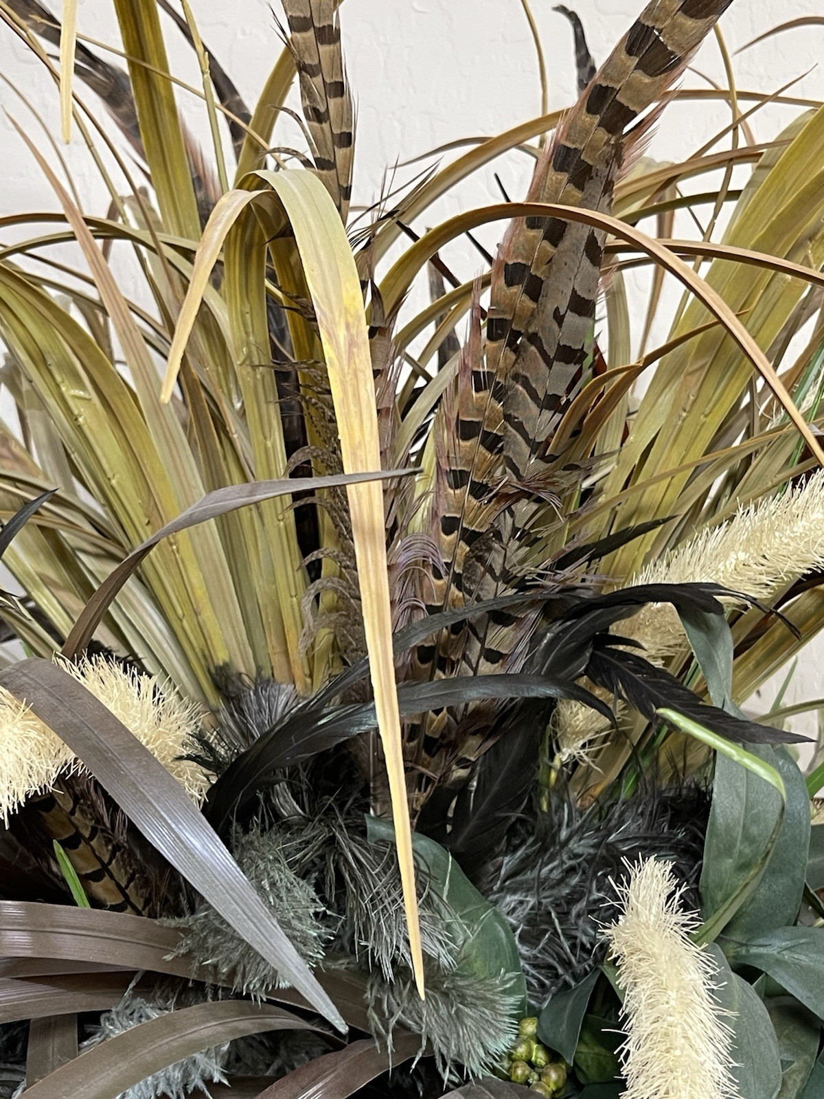 Artificial Floral Arrangement Faux Grass Cattails Pheasant Feathers Tin Planter