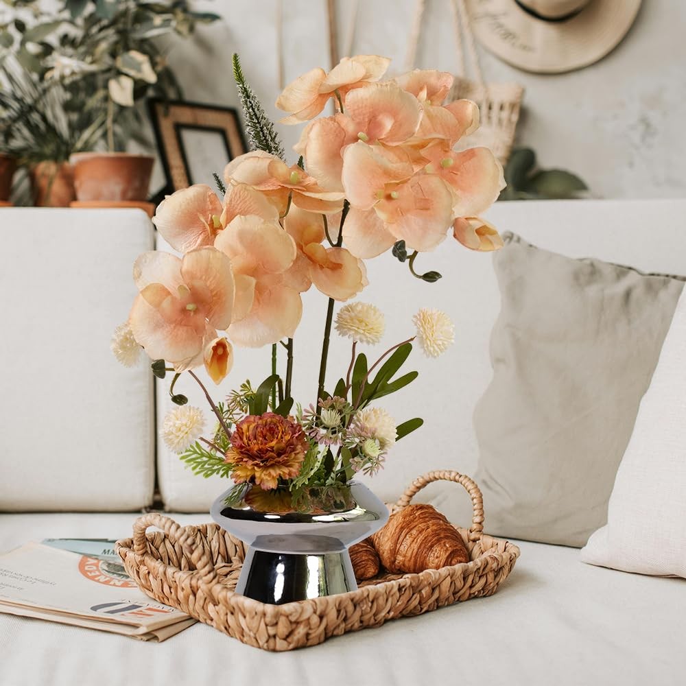 Orchids Flowers Arrangement in Pot,Fake Silk Orchid Artificial Flower with Ce…