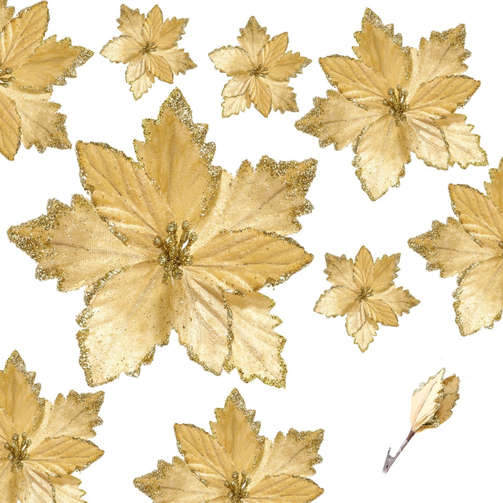 24 PCS Gold Glitter Poinsettia Flowers 5.91/3.94 Inch Velvet Xmas Decor