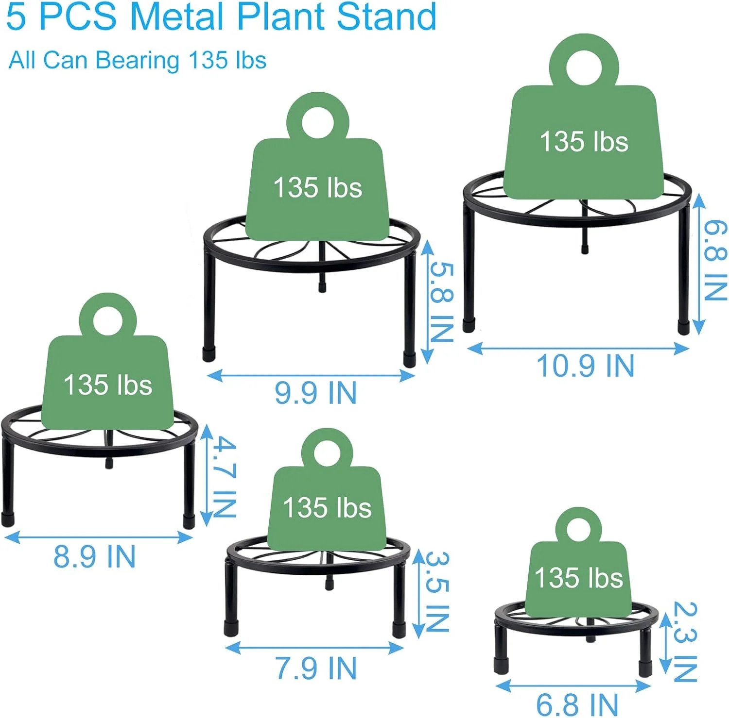 5 Pack Metal Plant Stand Indoor Outdoor Black Flower Pot Rack Rustproof Iron