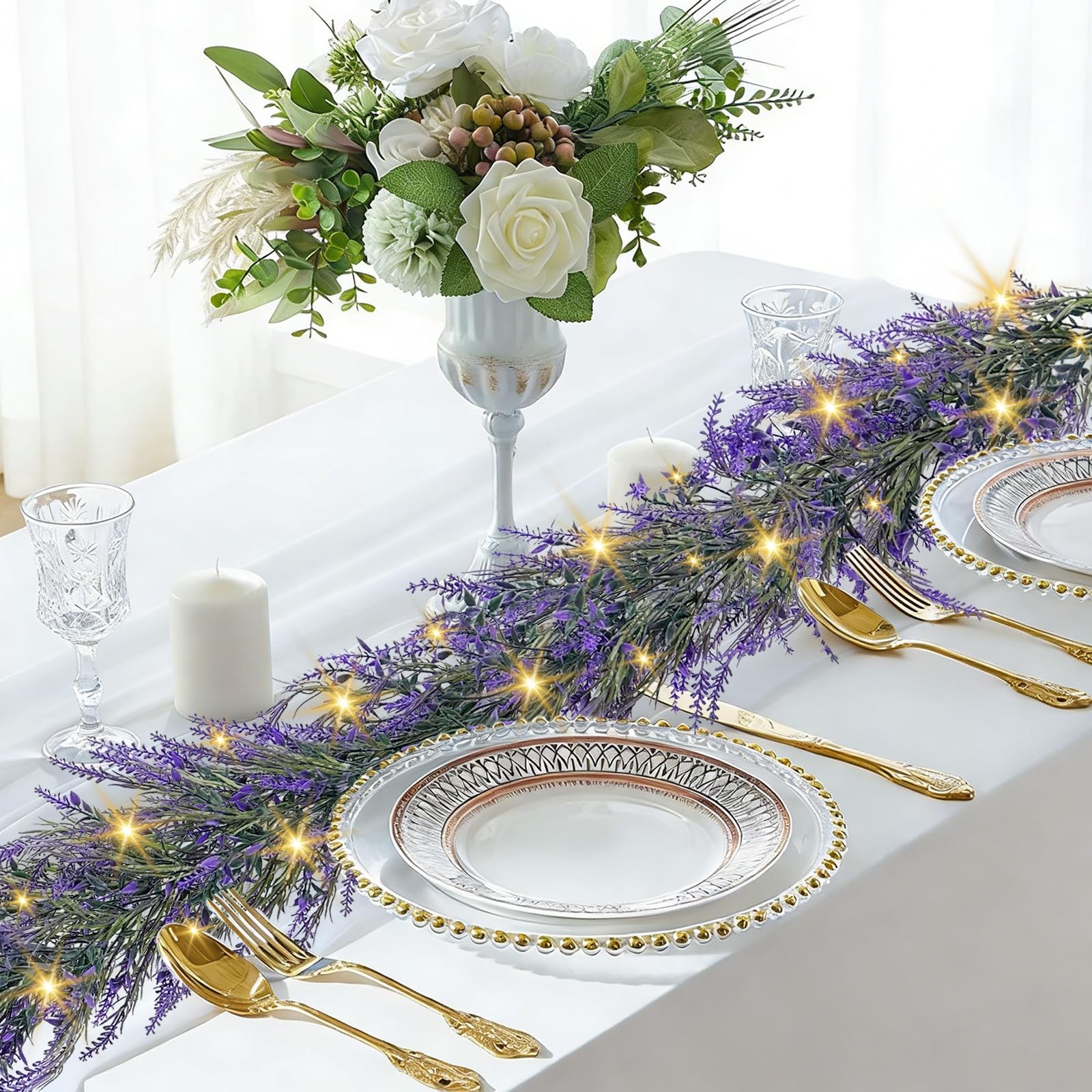 Lavender Garland with Lights, 1Pcs 6FT Purple Flower Garland, Artificial Spri…