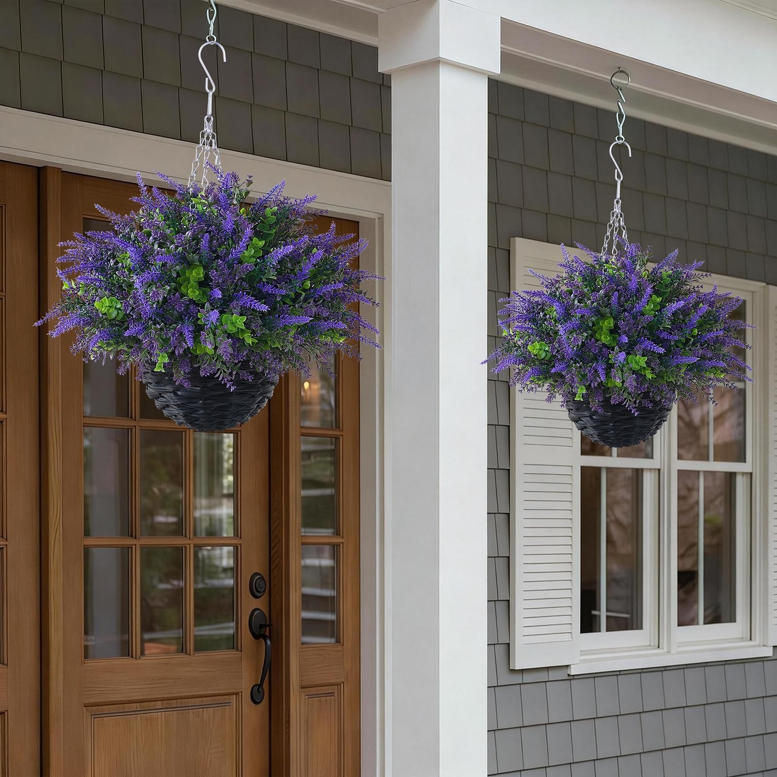 2 Sets Artificial Lavender & Eucalyptus Hanging Baskets – UV-Resistant Outdoor D