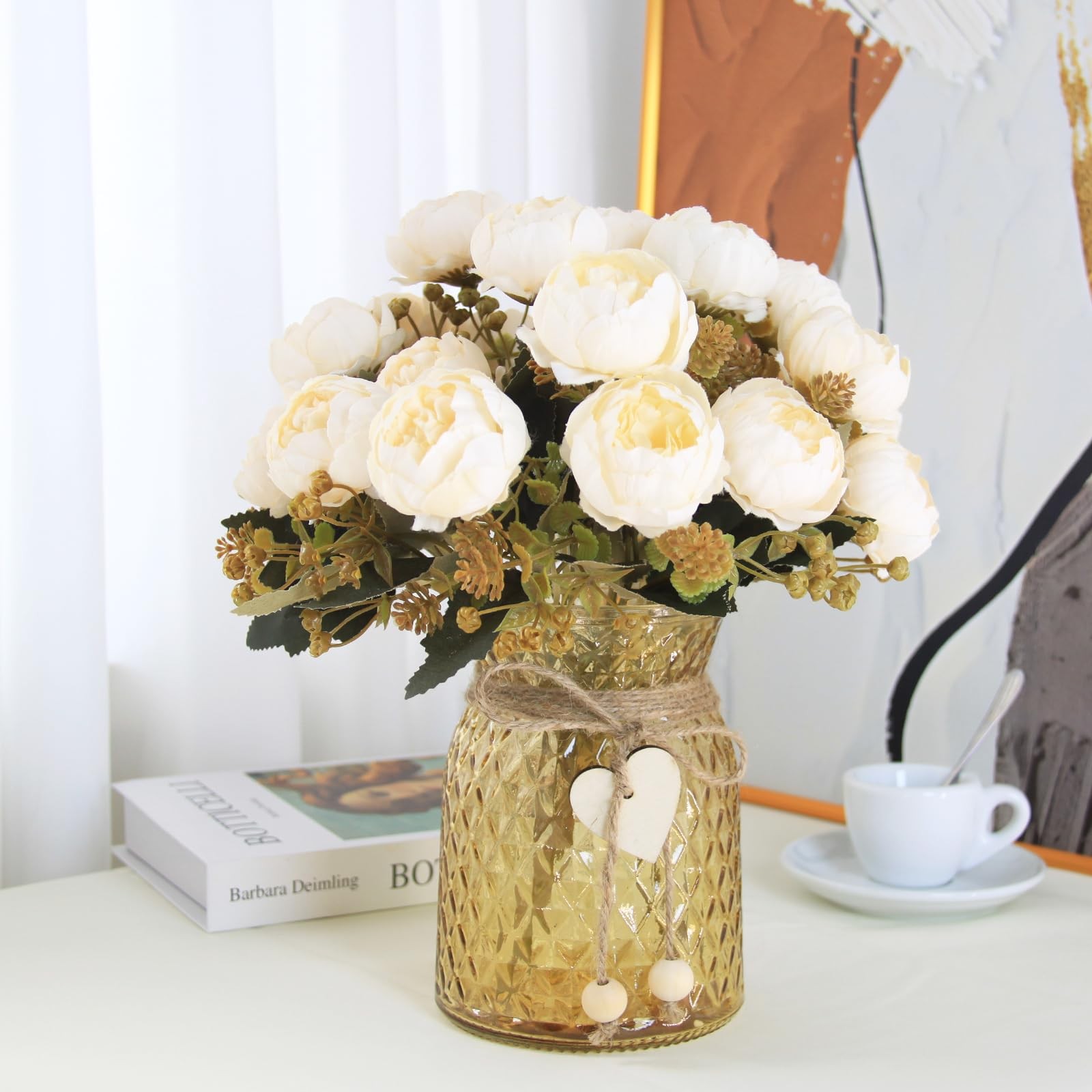 21 PCS White Faux Peony Artificial Flowers In Vase Home Decor Centerpiece