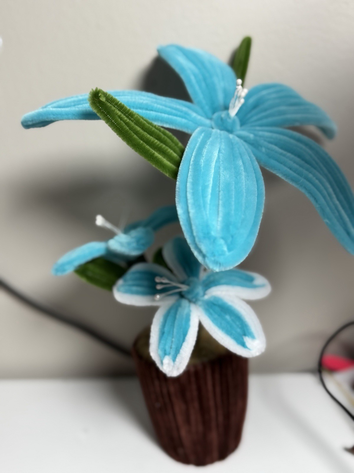 Artificial Blue Lily Flower Arrangement in Brown Pot Silk Plastic Centerpiece