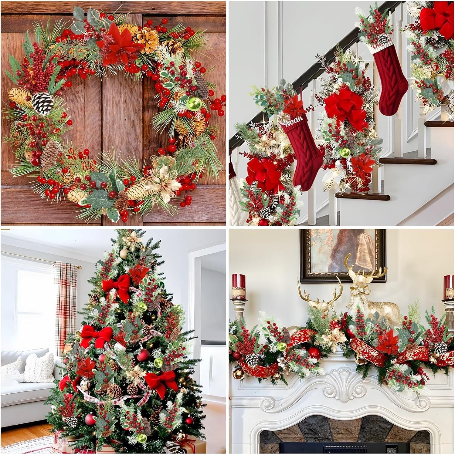 Artificial Christmas Picks 8 Pack Red Berries Stems Evergreen Faux Pine Branc…