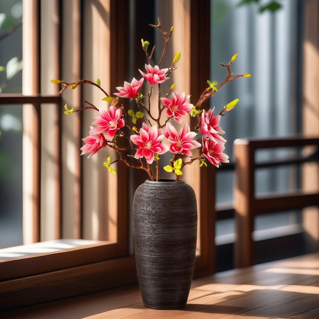 3Pcs-Artificial Magnolia Flowers, 9 Blooms, Long Bendable Stems for Décor