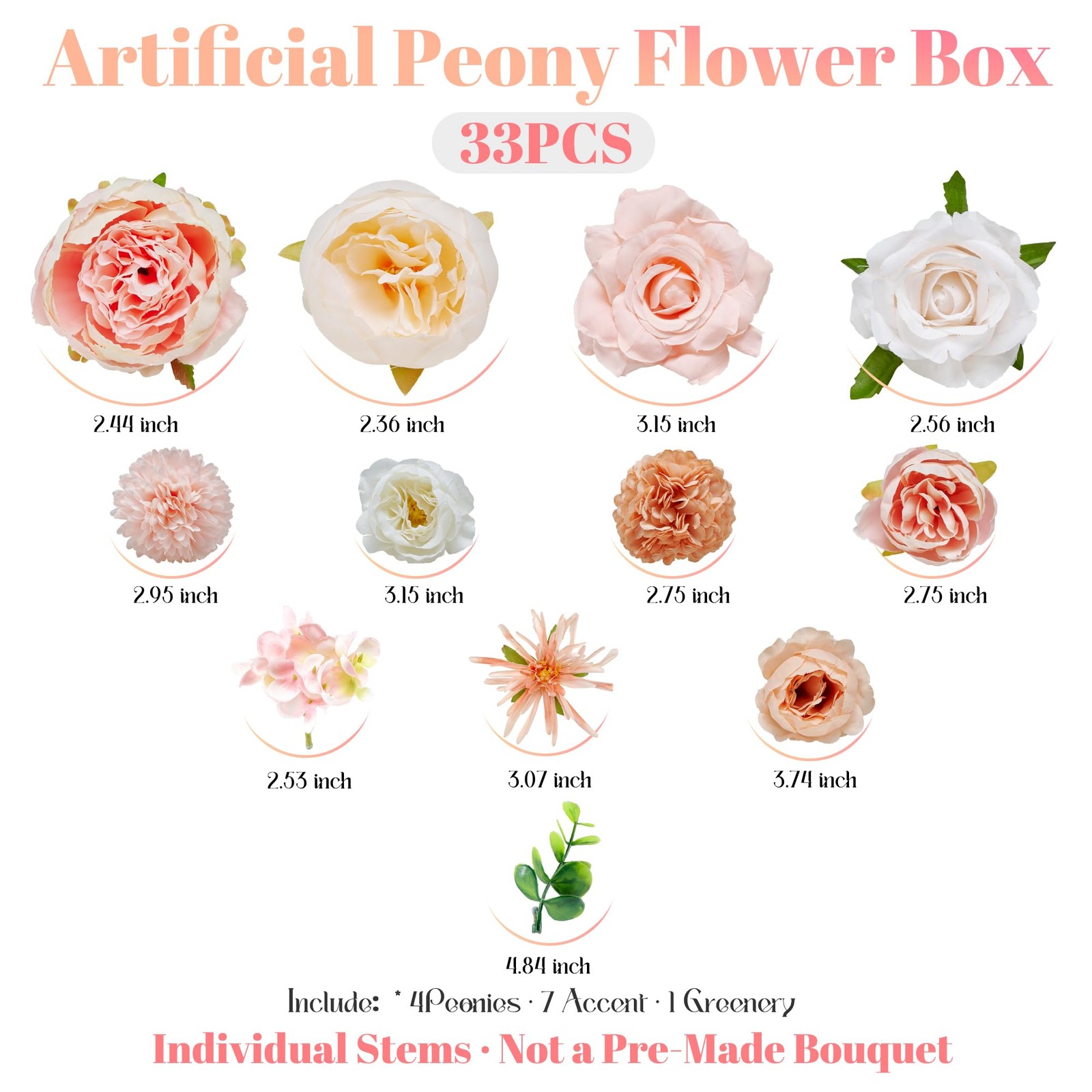 Artificial Peony Flowers Set, Silk Peony Flower Combo with Wire Stems for DIY…