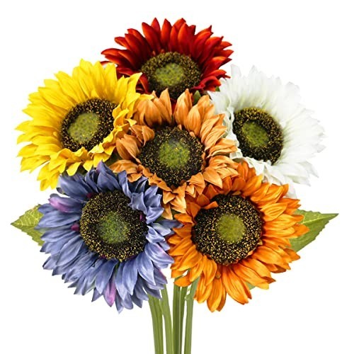 Artificial Sunflowers 6 Pack 20 Inch Silk Stem Bouquet Bendable Wire DIY Vase