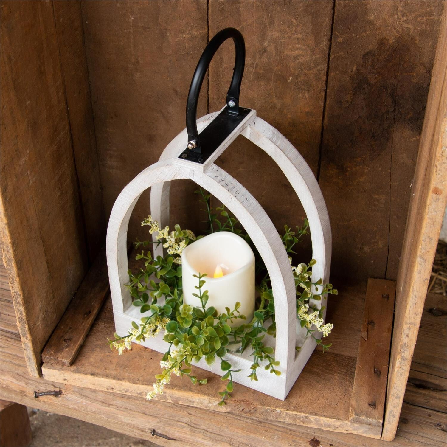 Arched Candle Lantern with greens and built in Timer
