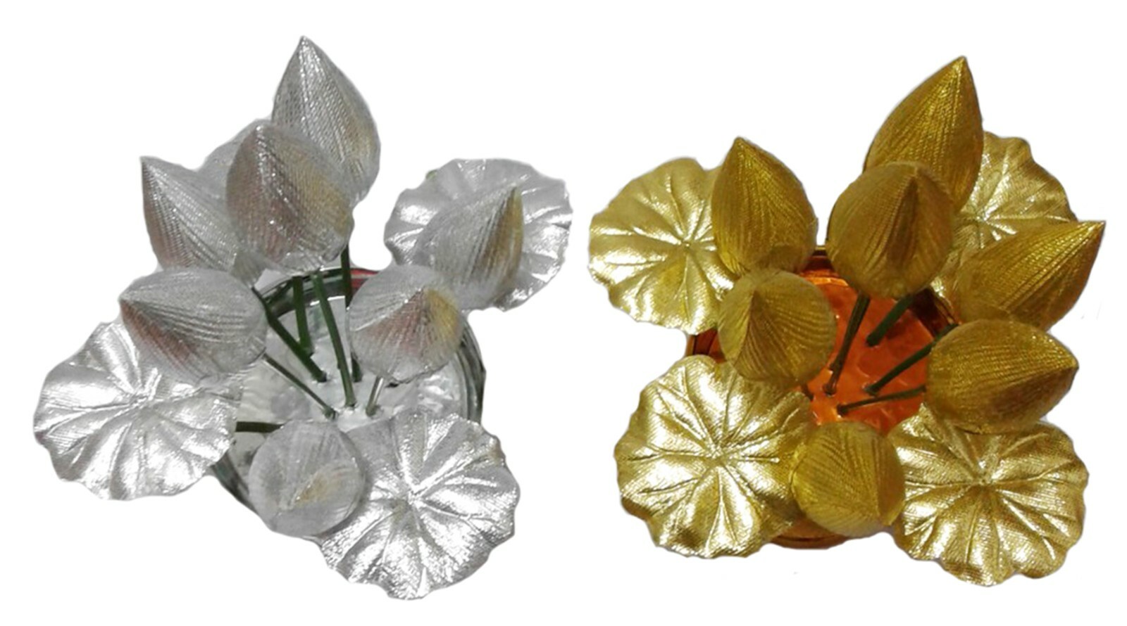 Thai Buddha Worship Phan Dhog Silver&Gold Lotus Offering Pedestal Small 2Pcs DHL