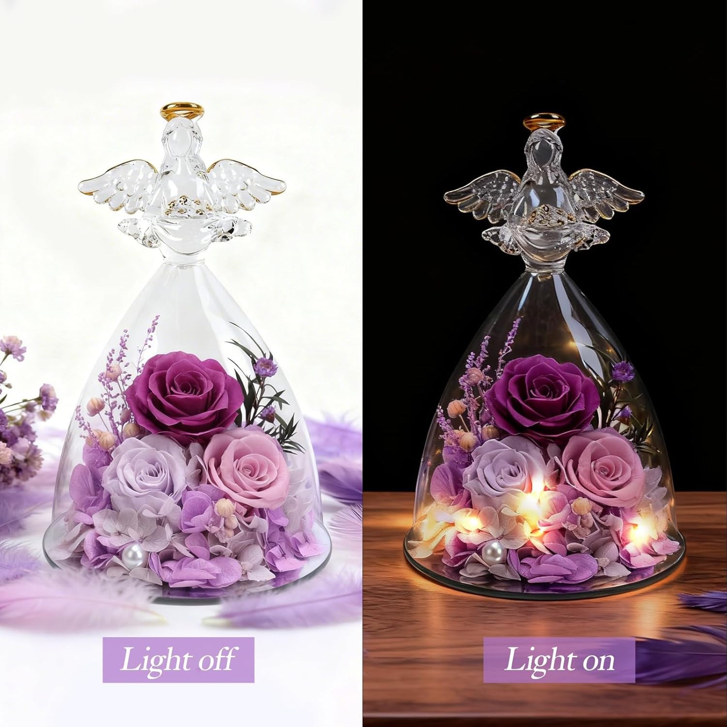7″ Preserved Rose Flowers in Glass Angel Figurine Eternal Rose Gift, LED, Purple