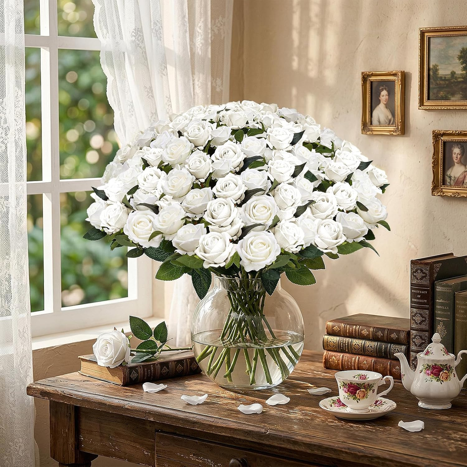 400 Pcs Roses Artificial Flowers – Fake White Roses with Long Stems Bulk Velvet