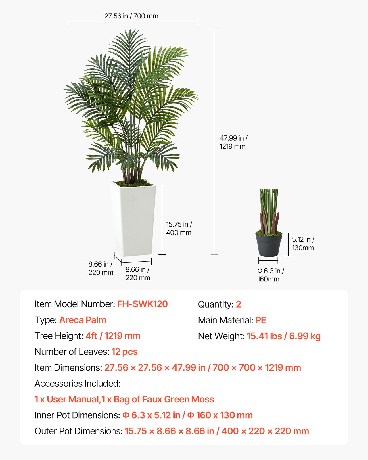 VEVOR 4ft 2Pack Artificial Areca Palm Trees with White Planter Indoor