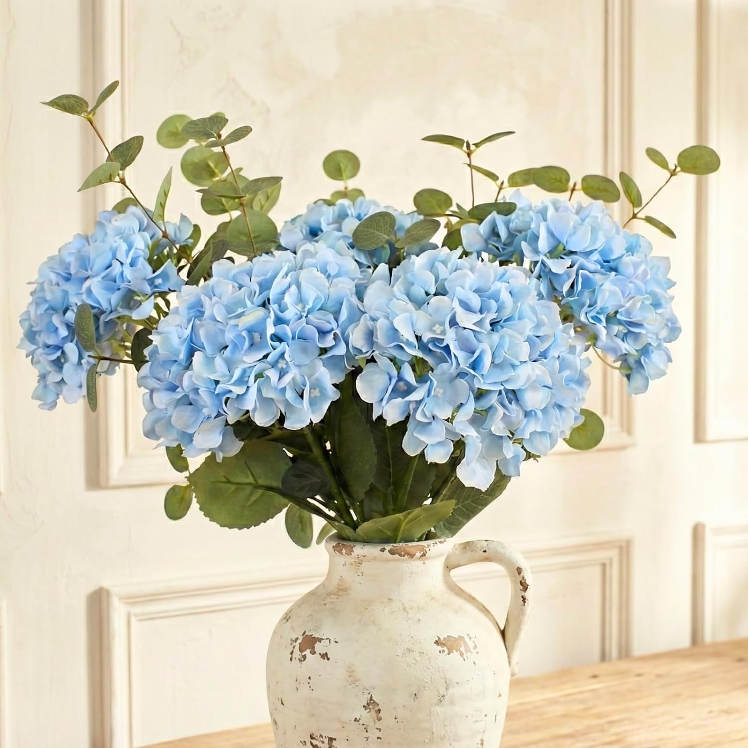 Faux Arrangement – Eucalyptus & White Hydrangea Flowers, Large Artificial Floral