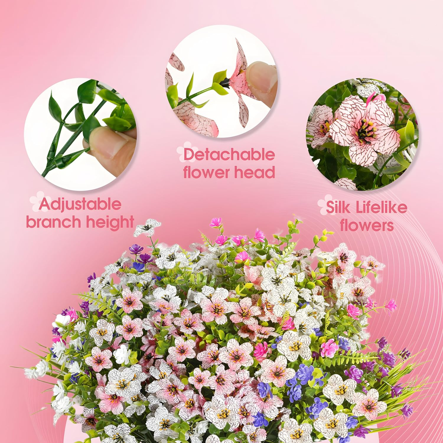 Fake Flowers for Outdoor UV Resistant 24 Pcs Pink Spring Artificial Flowers Outd