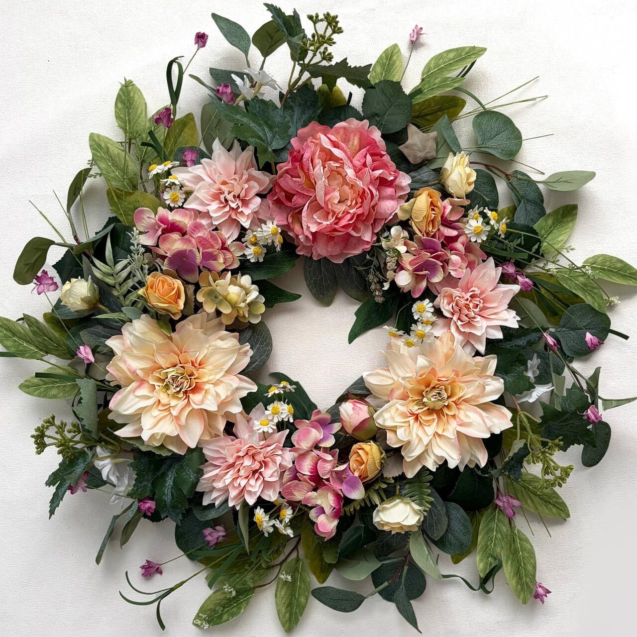 18″ Artificial Floral Wreath – Dahlia, Peony & Daisy for Front Door, Home Décor