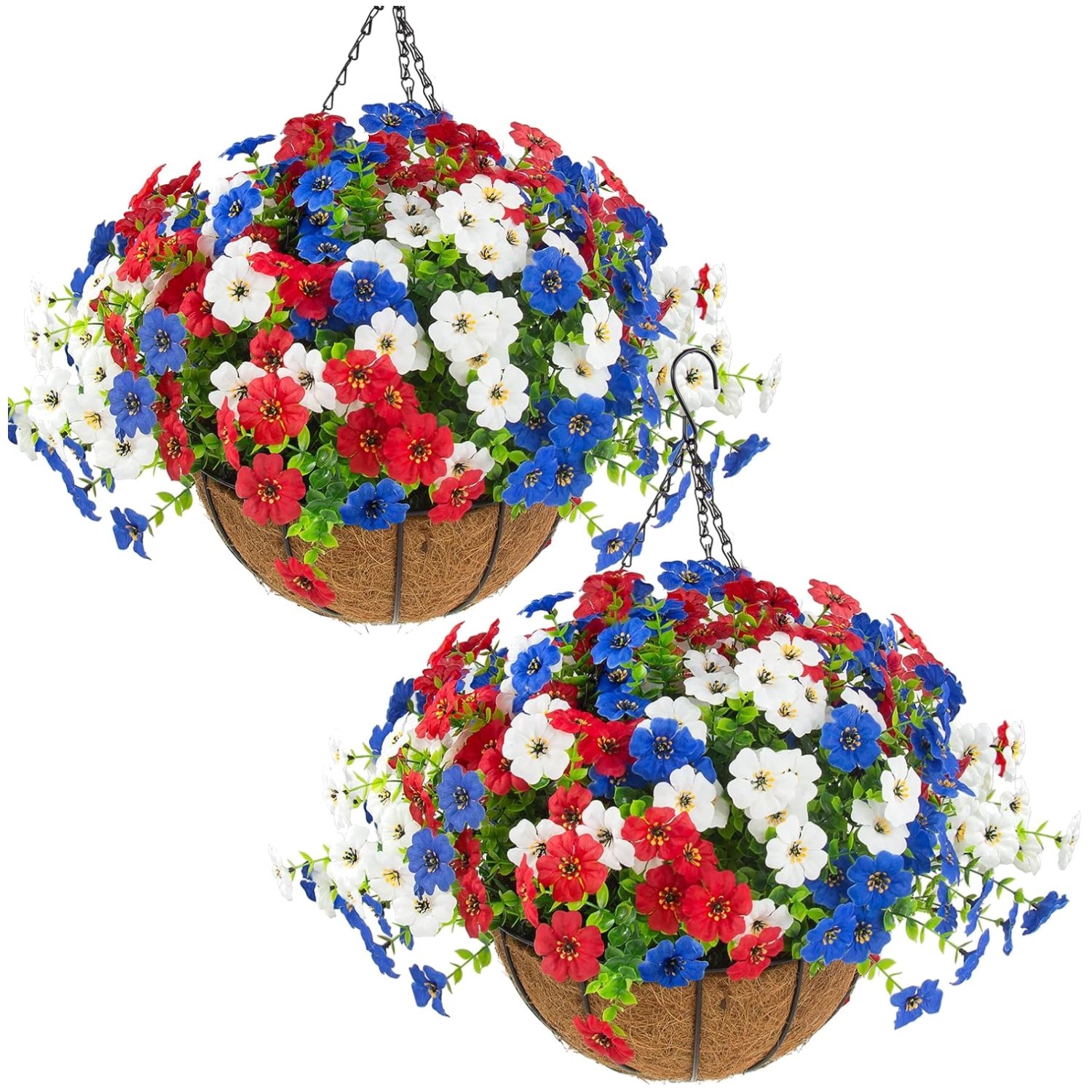 Red White Blue Hanging Planters with 24 Patriotic Flowers