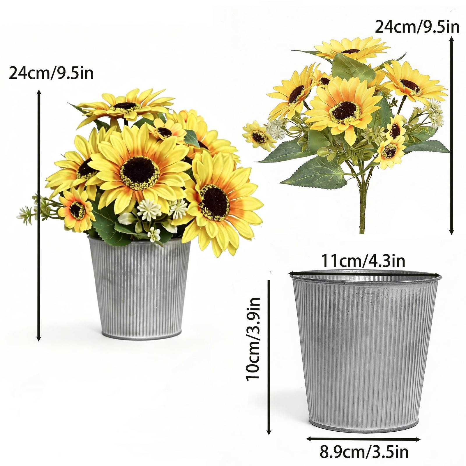 3-Pack Artificial Sunflower Arrangement in Galvanized Metal Pot, Faux Sunflow…