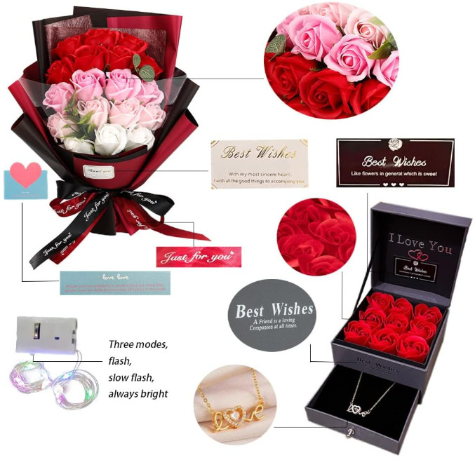 flores de rosas rojas preservadas con collar de amor para ella
