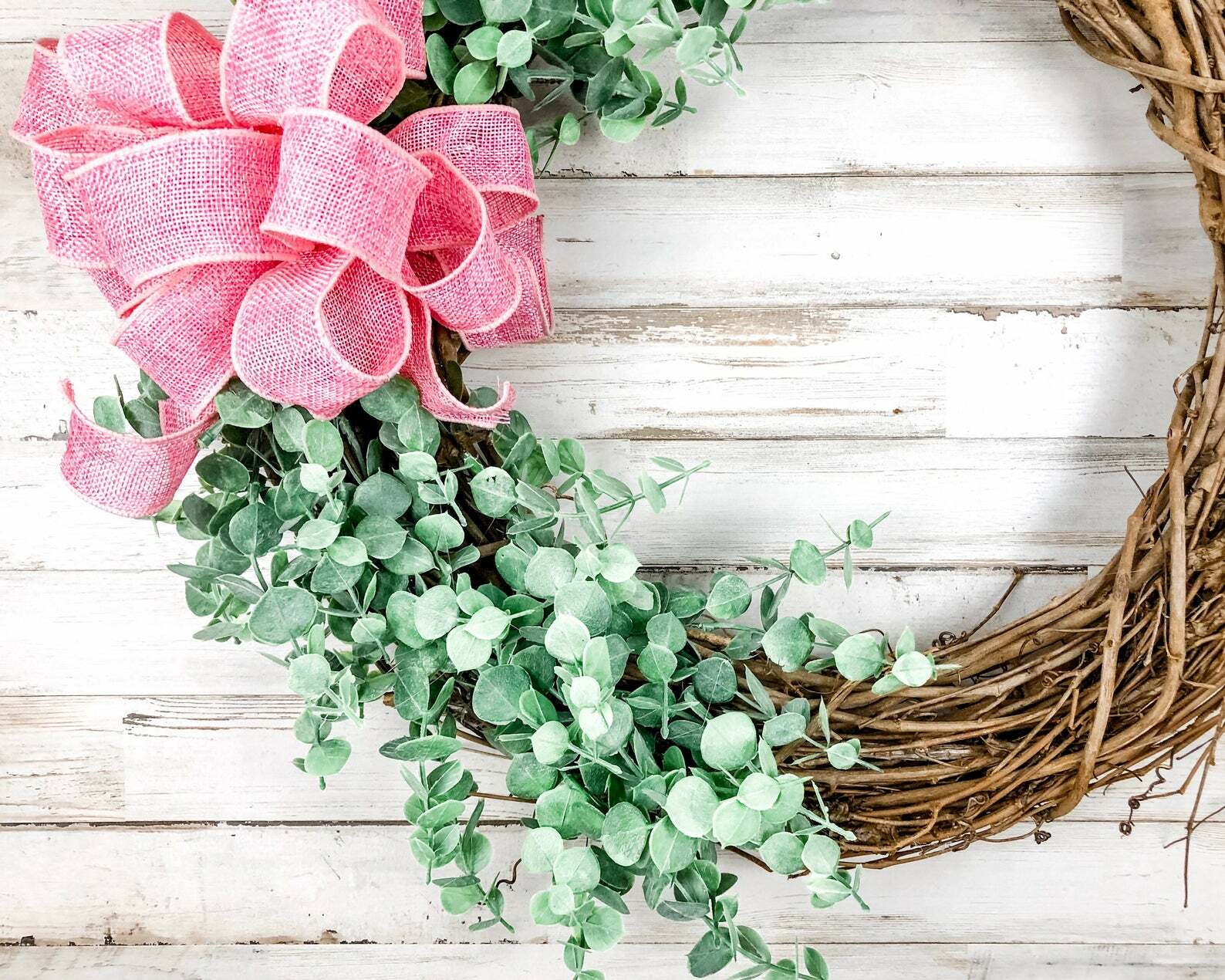 Pink burlap farmhouse chic grapevine wreath w/ artificial eucalyptus greenery