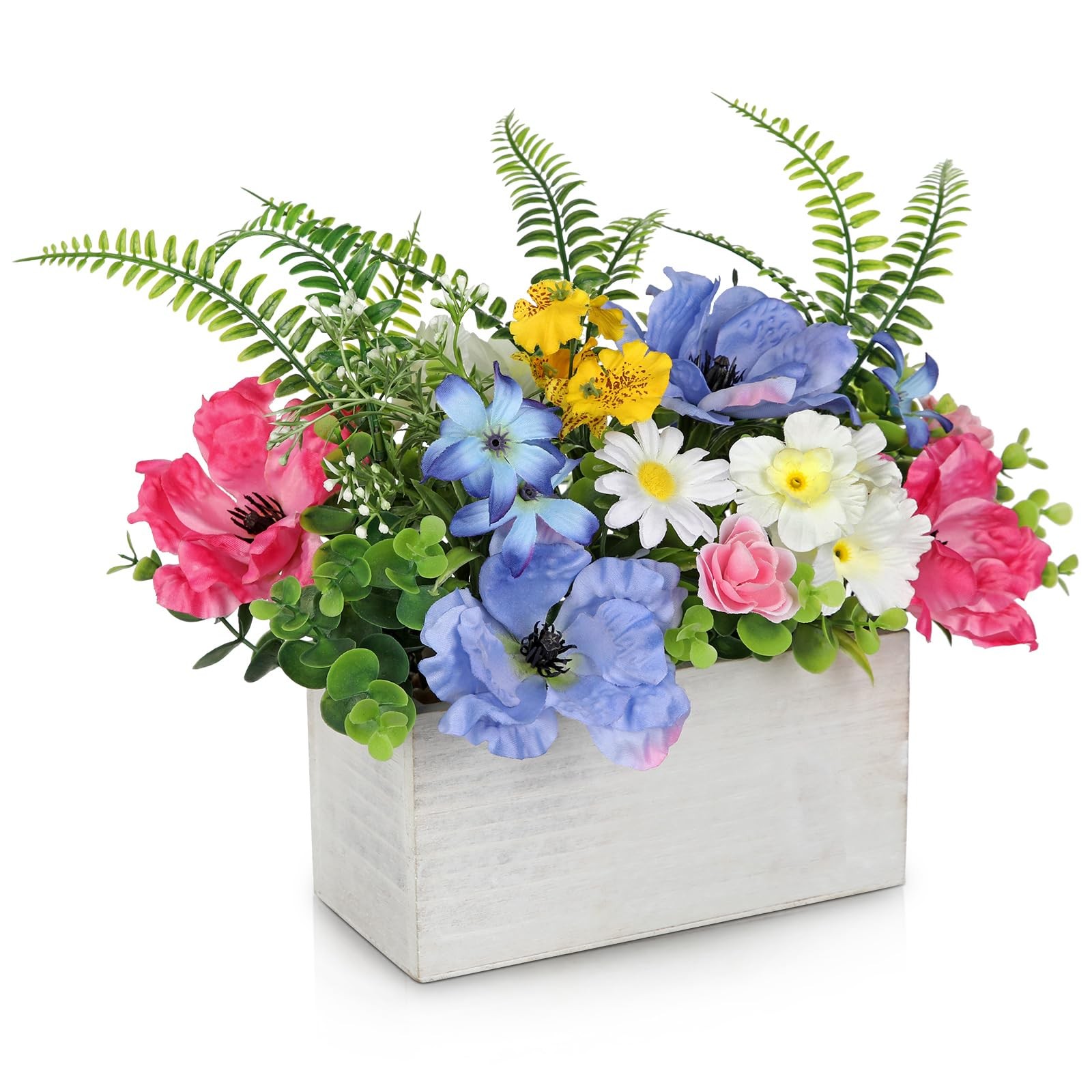 Table Floral Arrangement Centerpiece, Artificial Flowers in Wooden Vase, Silk…