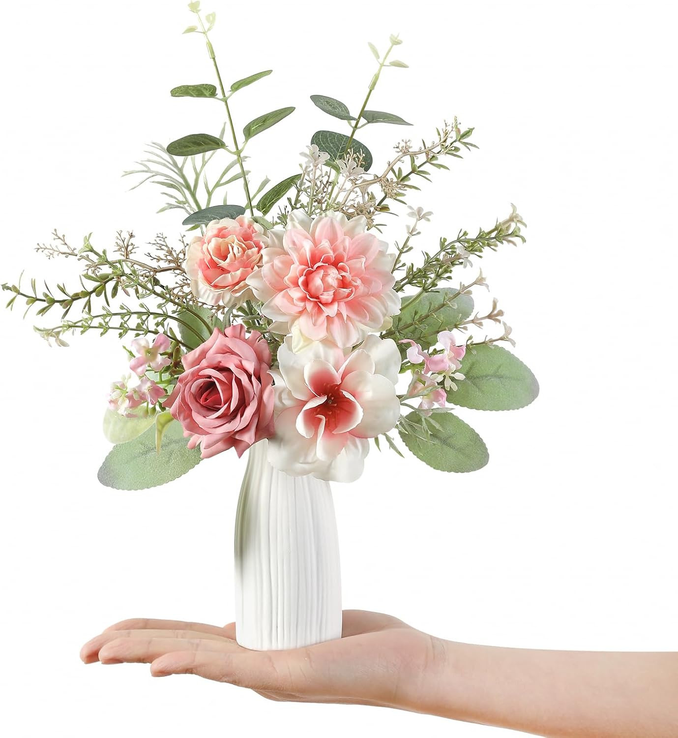 Small 11″ Artificial Flowers in Ceramic Vase – Pink Silk Flower Centerpiece for