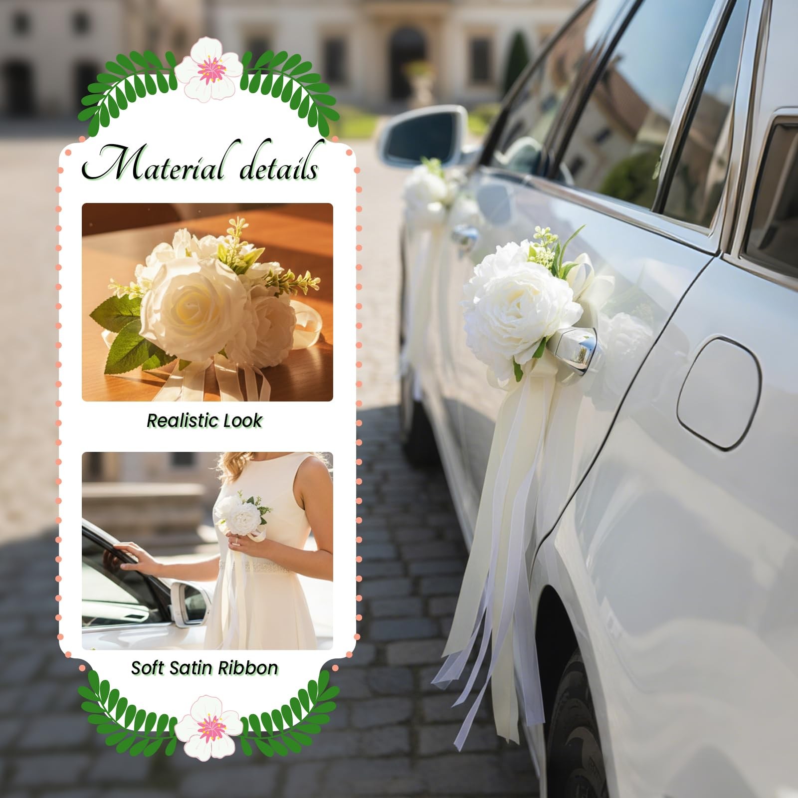 6 PCS White Rose Peony Wedding Car Decoration Kit Floral Door Handle Mirror