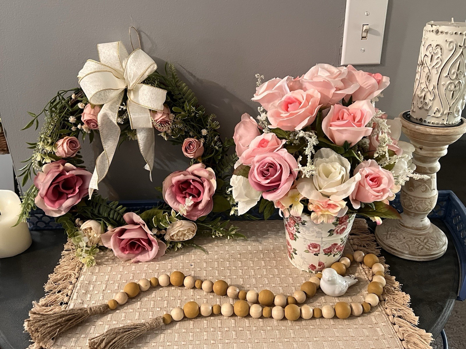 Cottagecore Pink Rose Wreath & Floral Arrangement Set, Girls Room Decor