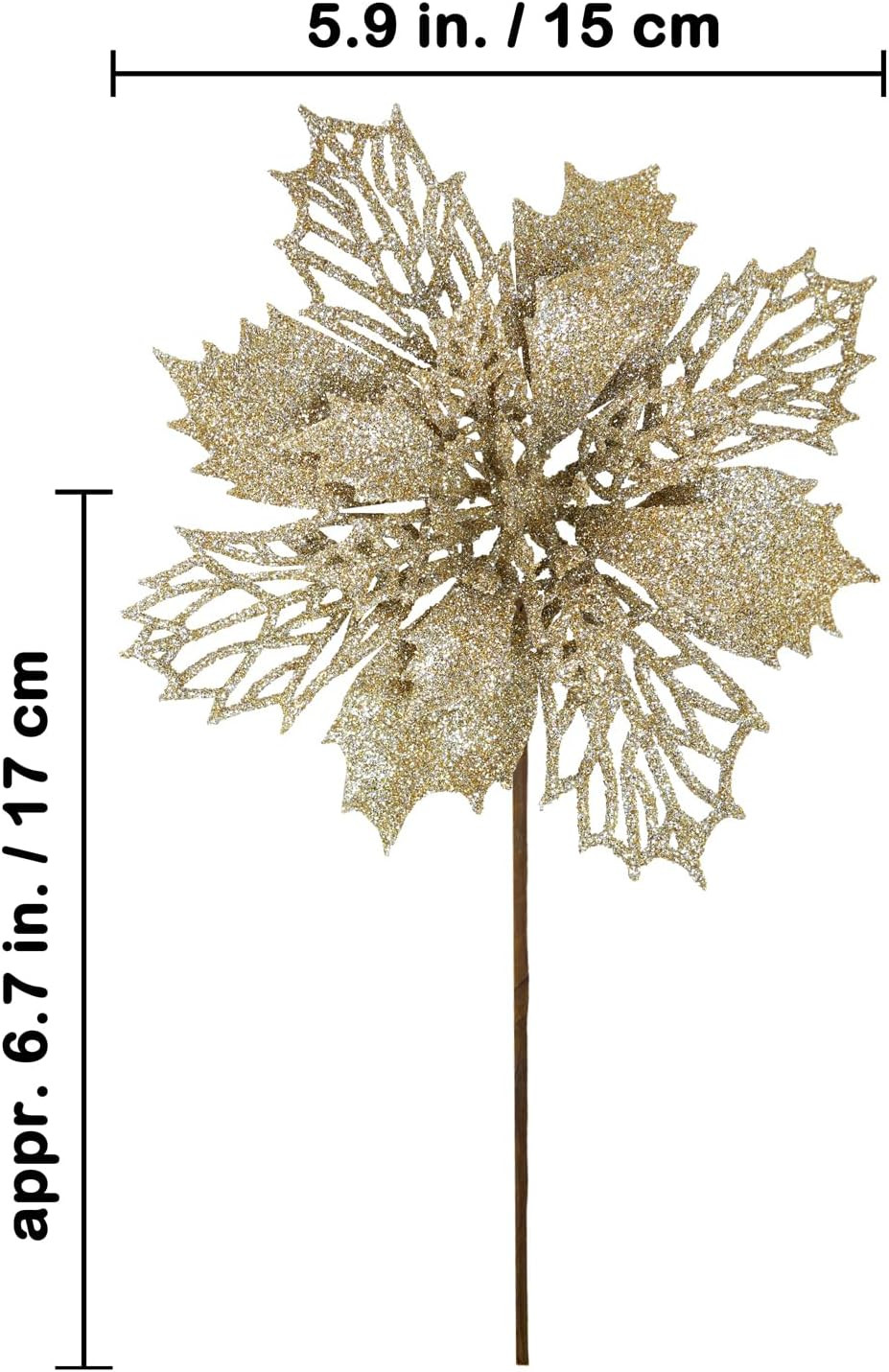 24 Pcs Champagne Glitter Poinsettia Picks 5.9” w/ Stems Tree Wreath Garland Xmas