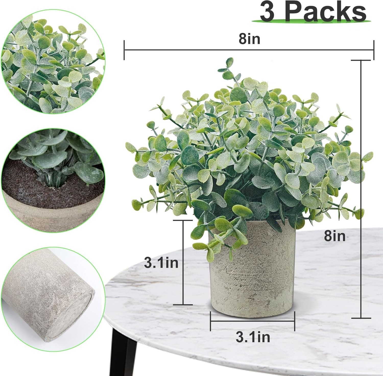 3 Pack Fake Plants, 8-Inch Small Potted Eucalyptus Artificial Plants for Home…