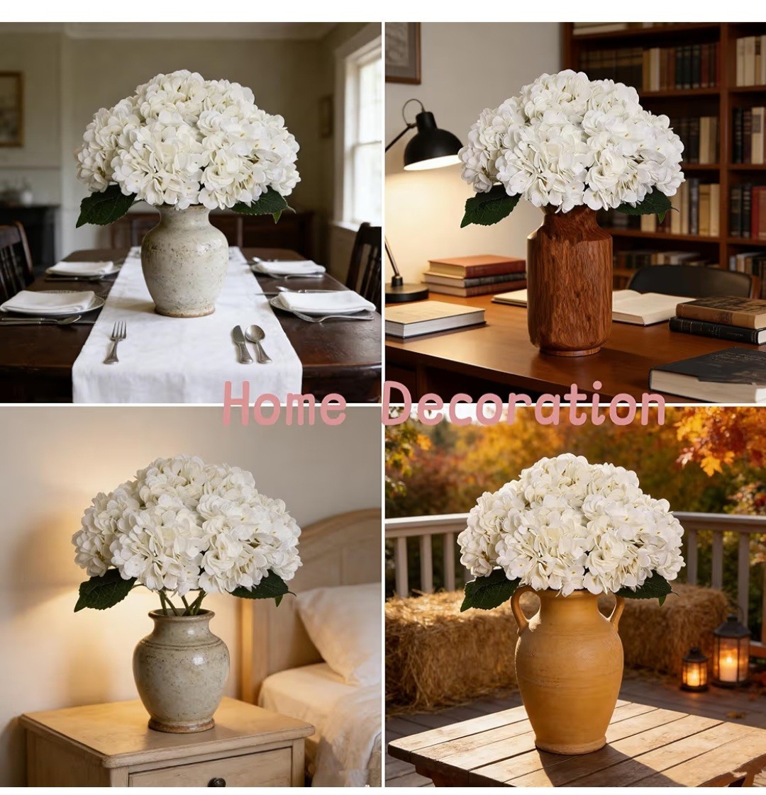 Kimura’s Cabin 6 Pcs. White Silk Hydrangea Flowers-17.7″ Tall-NEW IN ORIG BOX
