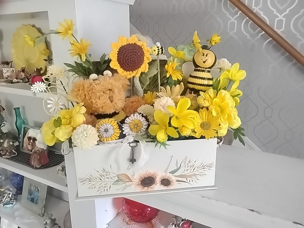 Handmade Sunflower & Bee Centerpiece In A Decorative Box With Floral And Greens,