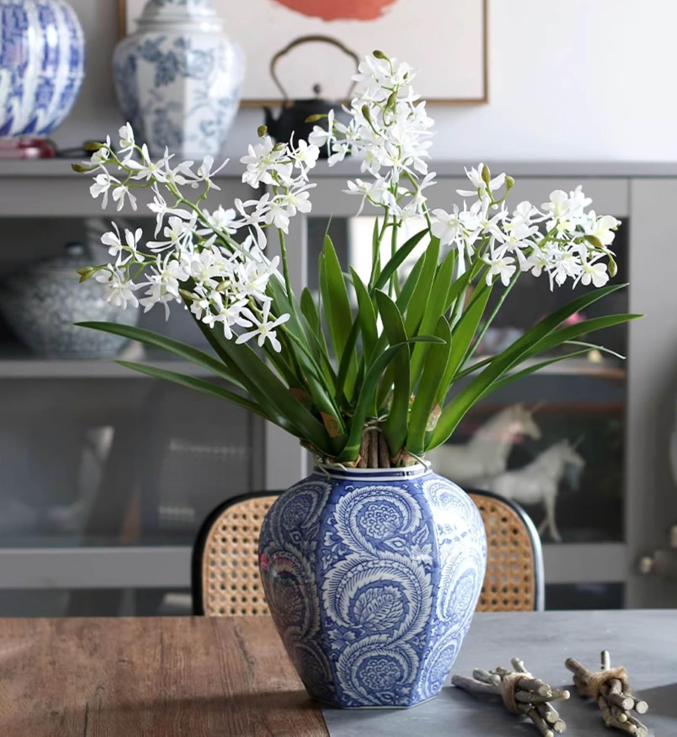 Realistic 3Pcs White Cymbidium Orchid Silk Flowers for Home Decor Centerpieces