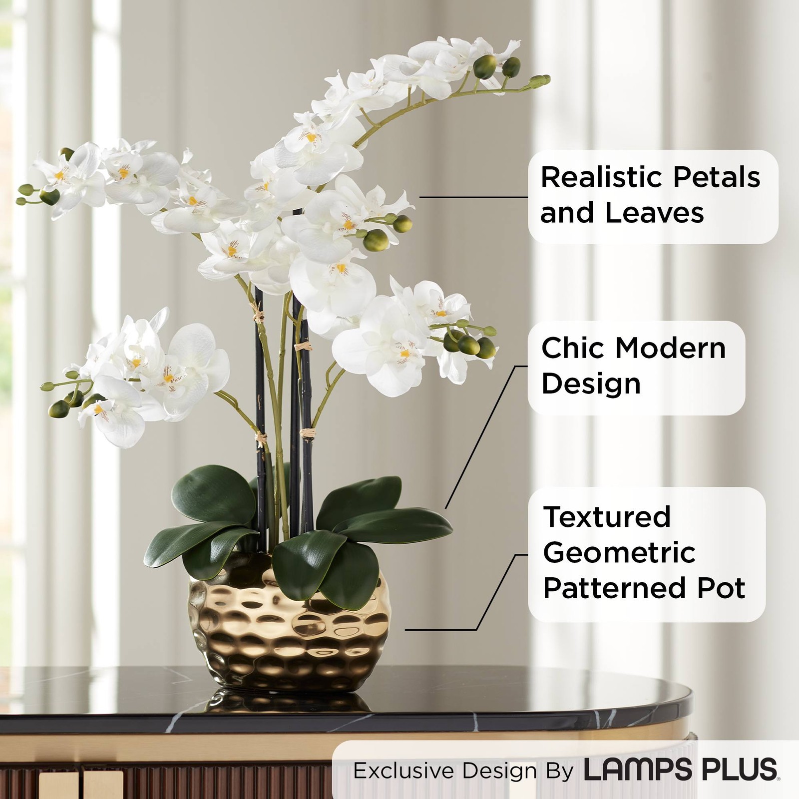 Potted Faux White Phalaenopsis Artificial Flowers in Silver Gold Pot Home Decor