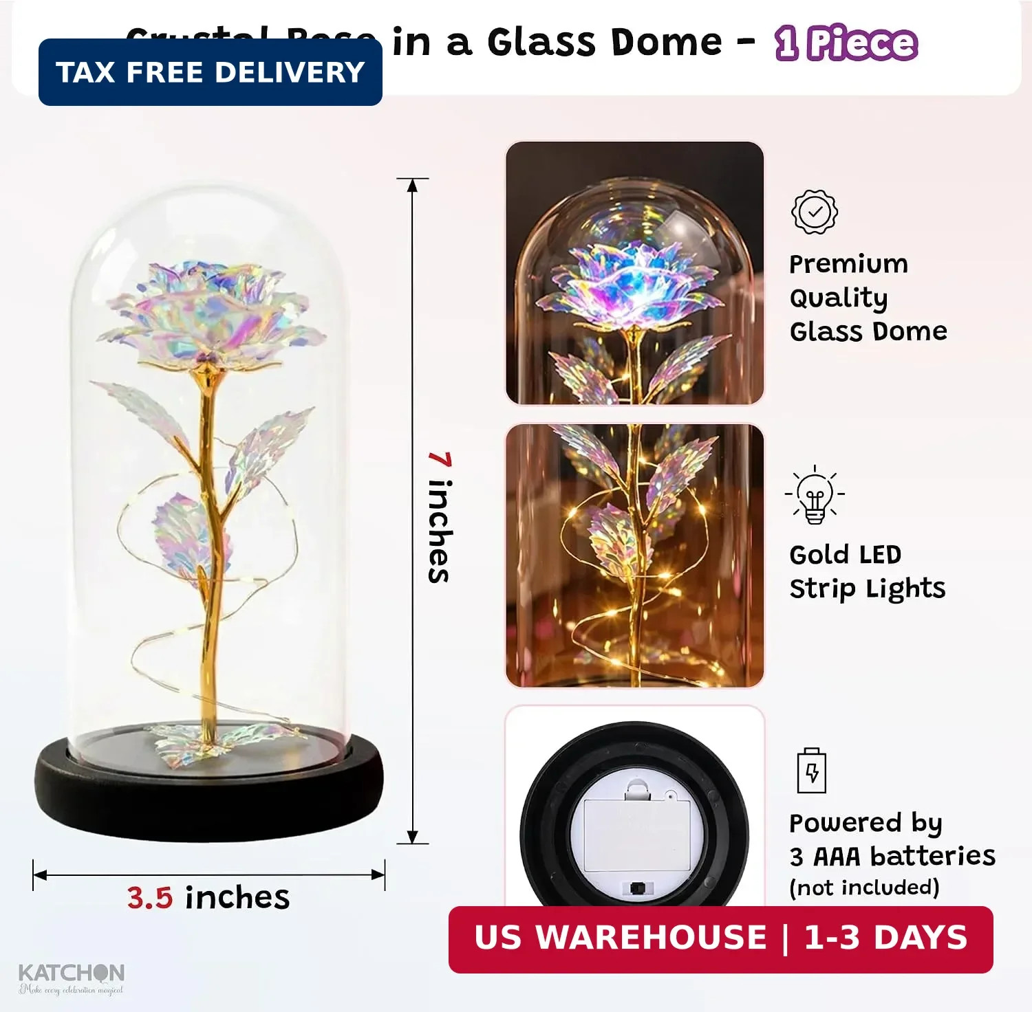 Katchon, Galaxy Glass Rose in Glass Dome – Light up Crystal Rose Forever Flower