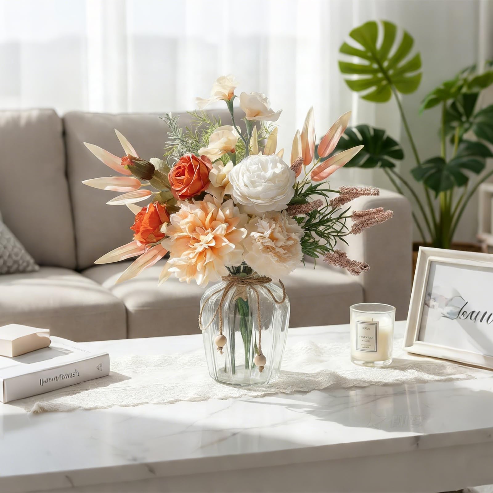 Artificial Faux Flower Arrangement Glass Vase Silk Floral Home Office Decor